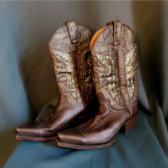 Frye Daisy Duke Cowboy Bronze Leather Mid Calf Embellished Boots Size 7.5 M - Picture 10 of 10